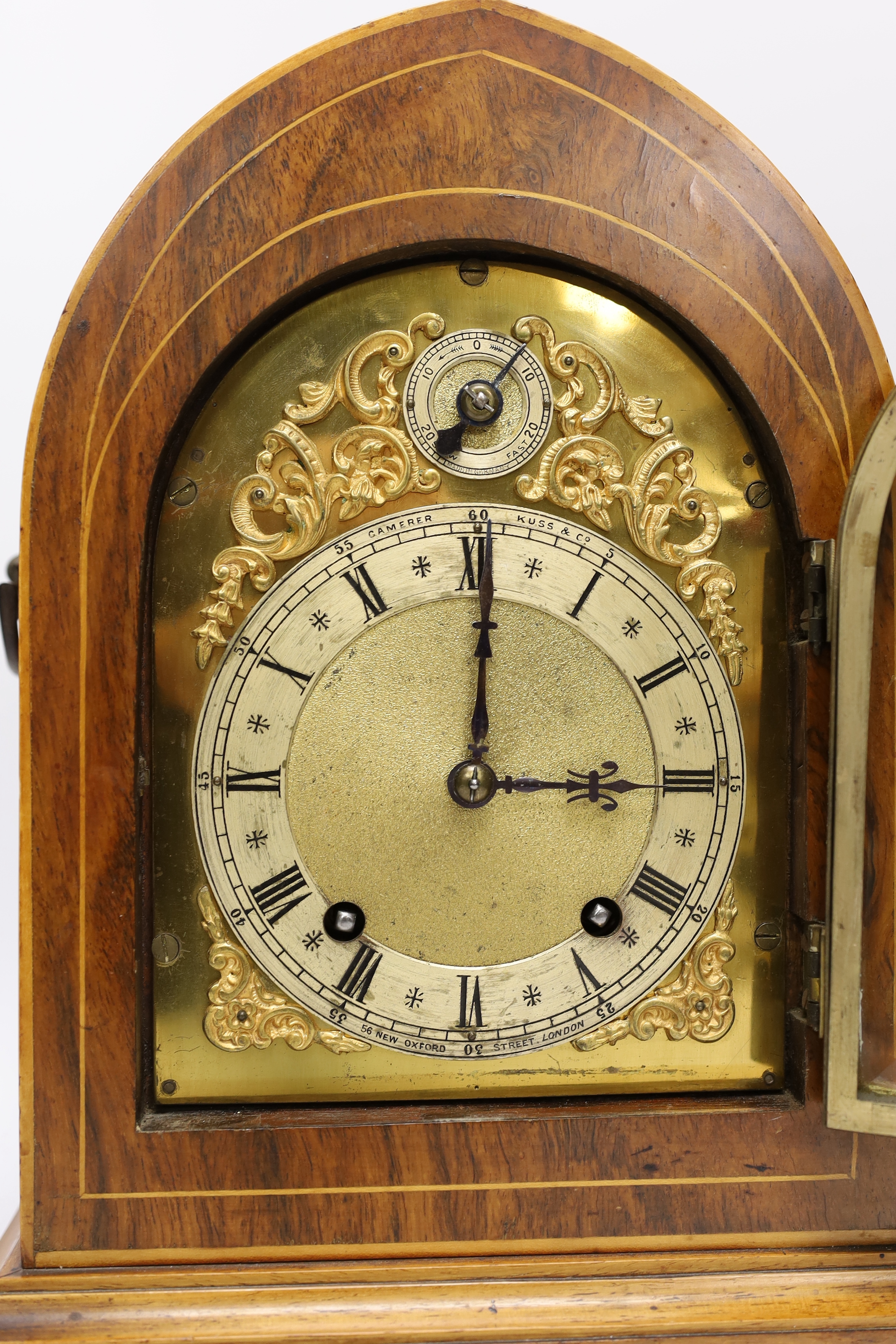 An Edwardian inlaid rosewood lancet mantel clock by Camerer Kuss & Co, German movement, 34cm high